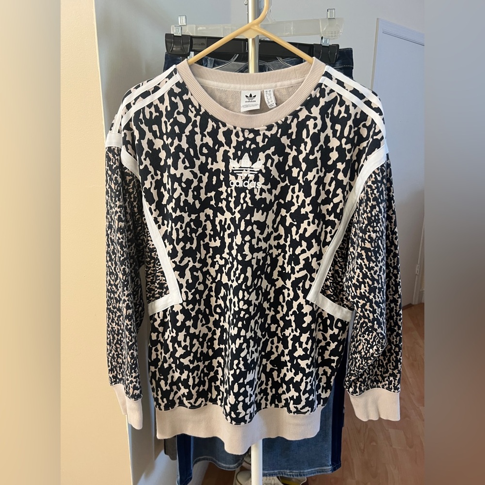 Adidas Black and Cream Leopard Graphic Sweatshirt
